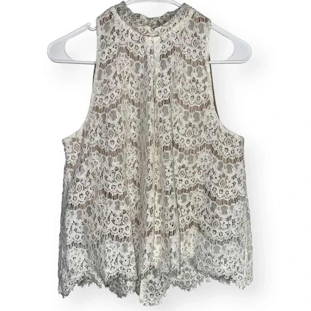 Love Fire M Ivory Floral Lace Top High Neck Romantic Boho Cottagecore Sleeveless
